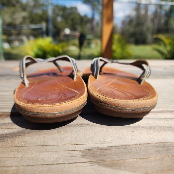 OluKai Shoes Womens 6 U'i Sandals Silver Leather Thong Flip Flop Slip On Flats - Picture 7 of 9